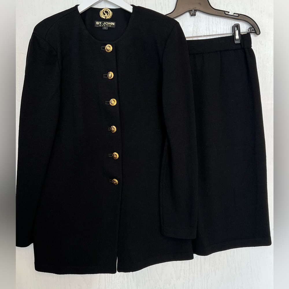 St John Suit Womens Large Black Knit Basics Cardigan Jacket Skirt Size 16